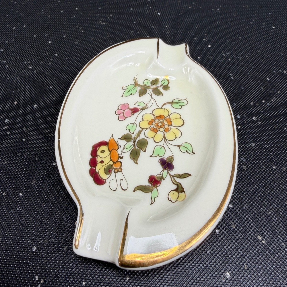 Zsolnay Hungary Hand Painted Porcelain Ashtray Floral Butterfly Gold Trim 4x3 - Picture 8 of 11